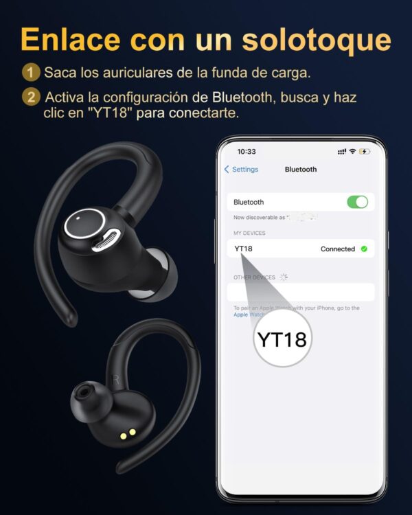 Jesebang Auriculares Inalámbricos Deportivos, Auriculares Bluetooth 5.3 con HD Micrófono, Sonido Premium, 40H de Reproducción, Pantalla LED, Cómodos de Llevar, Cascos Inalambricos con Gancho, Negro - Imagen 9