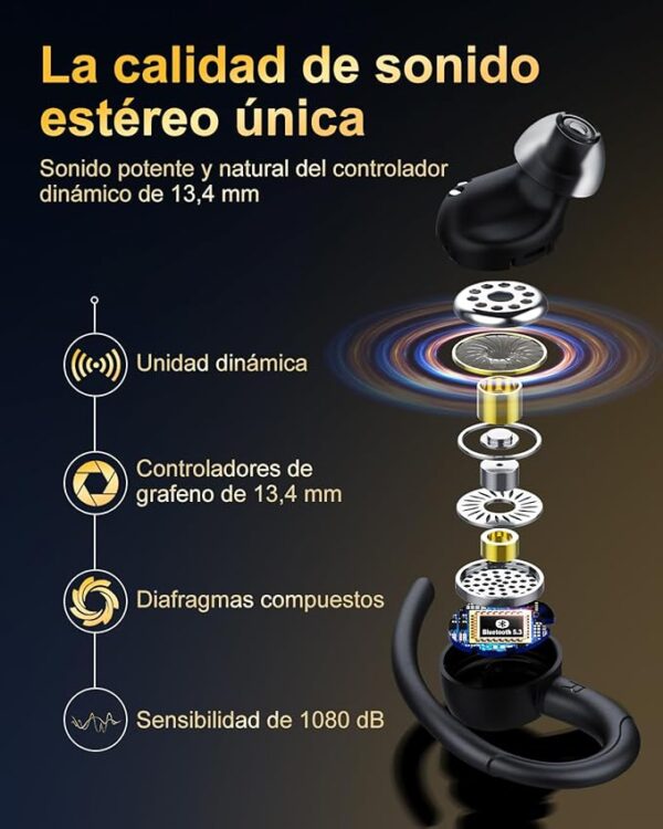 Jesebang Auriculares Inalámbricos Deportivos, Auriculares Bluetooth 5.3 con HD Micrófono, Sonido Premium, 40H de Reproducción, Pantalla LED, Cómodos de Llevar, Cascos Inalambricos con Gancho, Negro - Imagen 3
