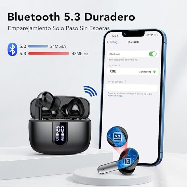 Auriculares Inalámbricos Bluetooth, Auriculares Bluetooth 5.3, 4 Mic con Reducción de Ruido ENC, 50H con Graves, Cascos Inalambricos Bluetooth IP7 Impermeable, Carga Rápida USB-C, Ajuste Cómodo - Imagen 6