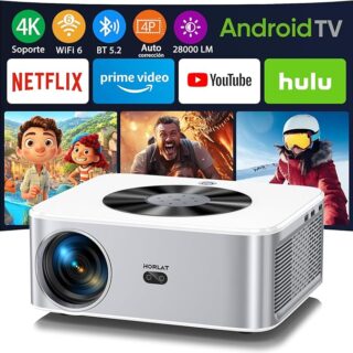 Horlat 4K Soporte Porjector 6G WiFi Bluetooth,28000 Lúmenes 300'' Display Proyector, con una Aplicación Incorporada Netflix/Youtube/Prime Video