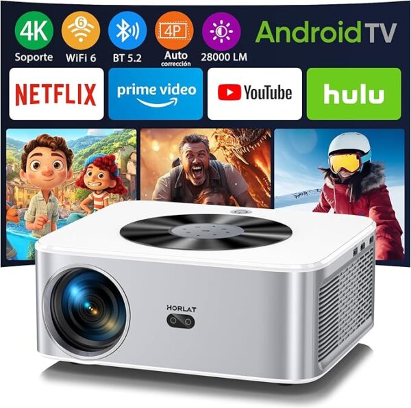 Horlat 4K Soporte Porjector 6G WiFi Bluetooth,28000 Lúmenes 300'' Display Proyector, con una Aplicación Incorporada Netflix/Youtube/Prime Video